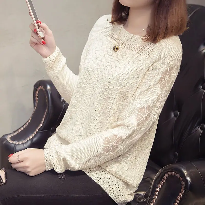 Women Korean Fashion Sexy Hollow Lace Solid Loose Basic Knitwear Spring Autumn Casual Long Sleeve Sweater Female Clothing Jumper