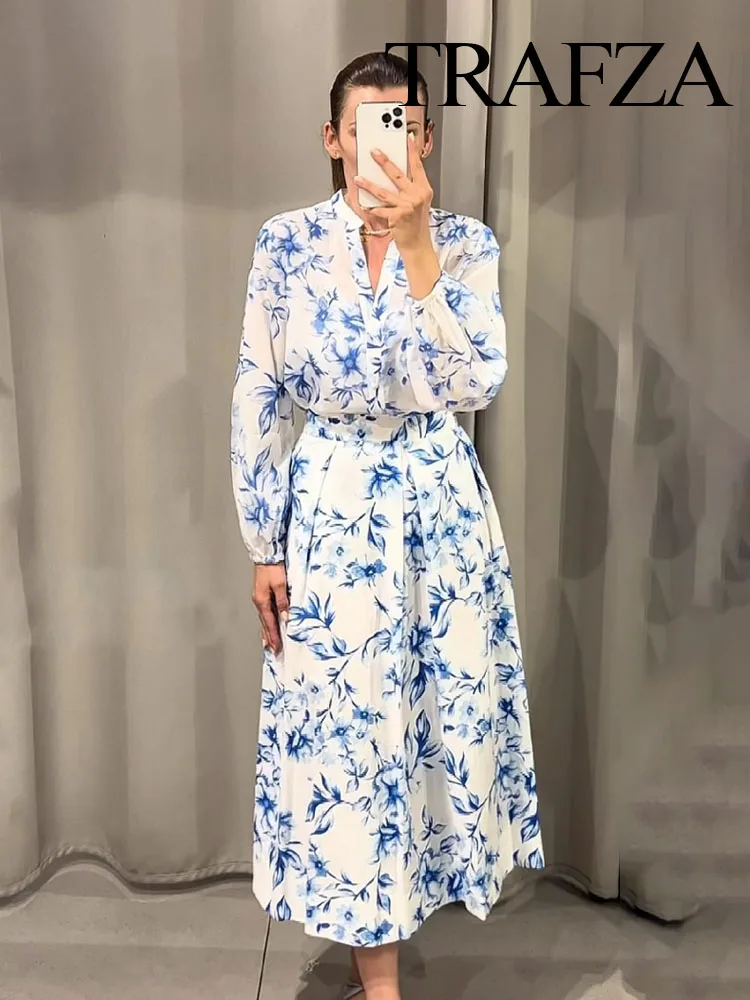 TRAFZA-Saia Longa com Estampa Floral de Cintura Alta Feminina, Zíper Traseiro, Dobras Decorar, Saia Casual Fina, Vintage, Elegante, Chique, Y2K