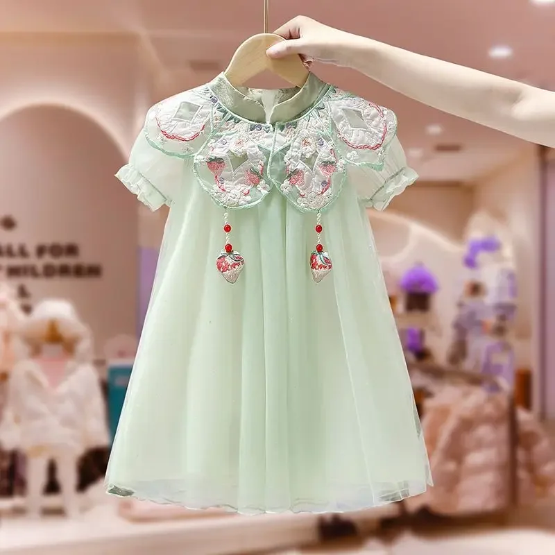 Summer Girls Cheongsam Dresses Flower Embroidery Neck Princess Kids Party Birthday Dresses Teenager Children's Costume 4-12Years