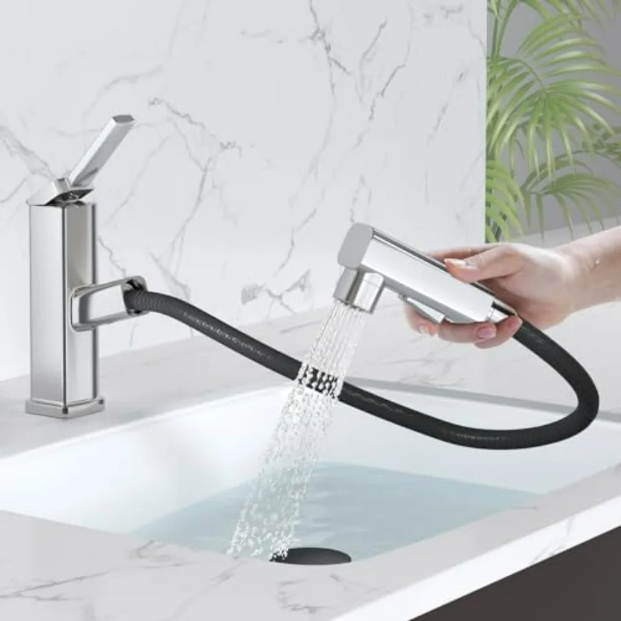 

Bathroom sink faucet with pull-down sprayer chrome finish single-hole installation 3 spray modes including fountain durable bra