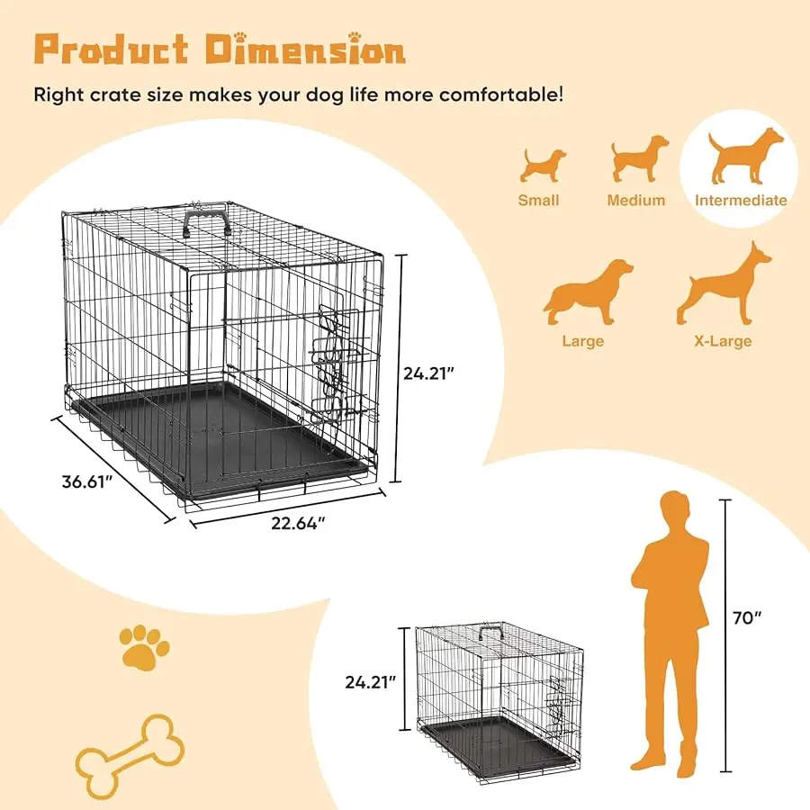 

Dog Crate, 36 Inch Medium Double Door Dog Cage with Di ider Panel and Plastic Leak-Proof Pan Tray, Folding Metal Wire Pet Kennel