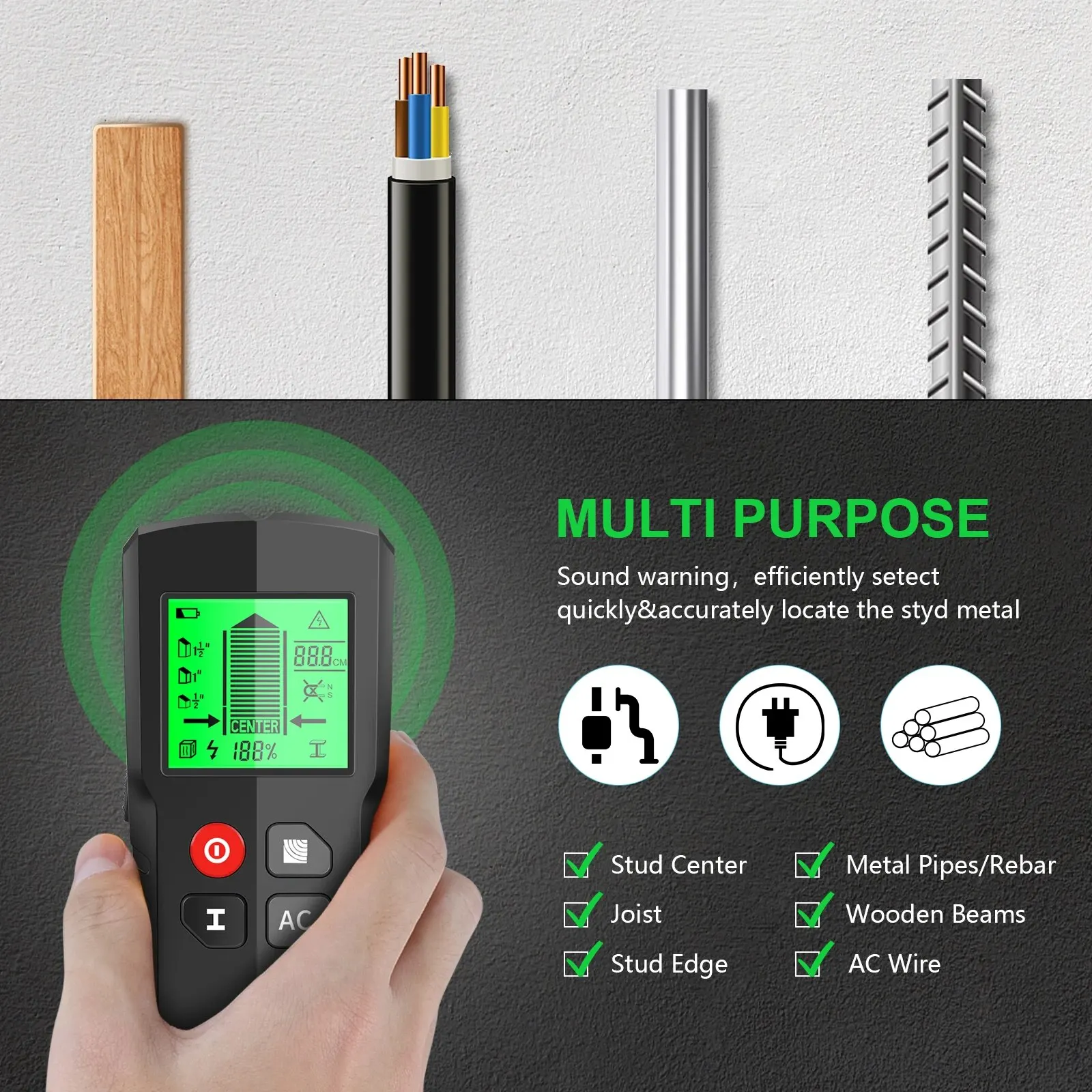 1 PC Stud Finder Wall Scanner AC Wire and Metal Locators Green Backlight Low Voltage Indicator Light Detector