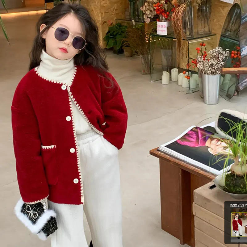 Girls Short-Pile Sherpa Fleece Crew Neck Padded Coat – Long Sleeve Thickened Winter Jacket for Kids Outerwear