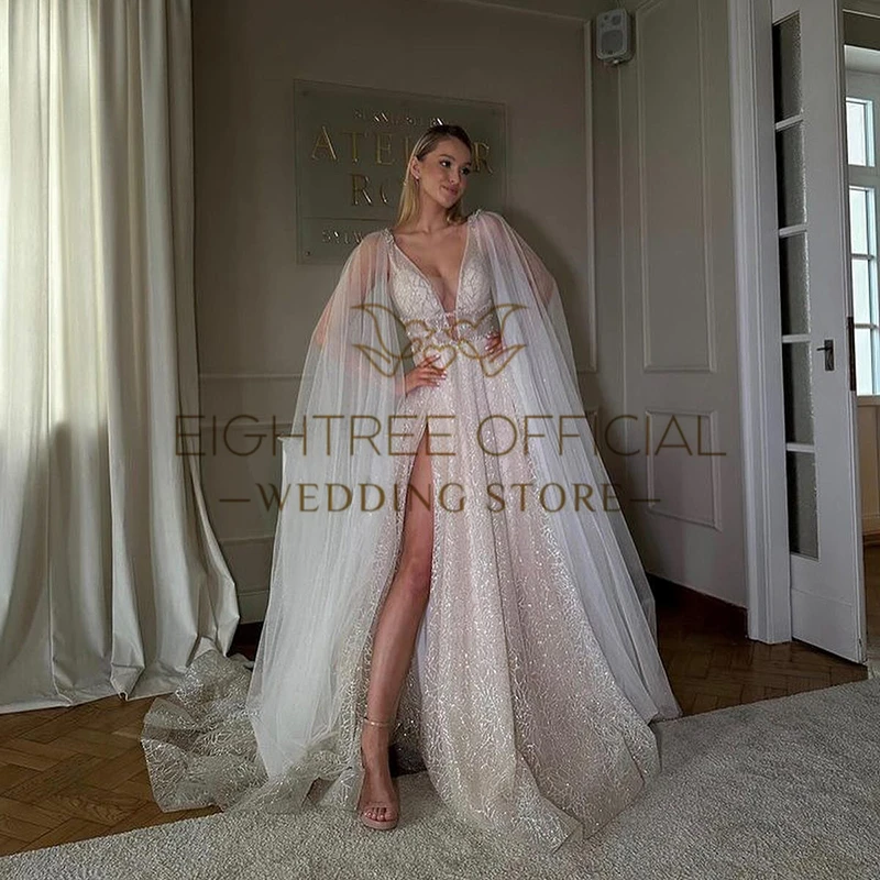 EIGHTREE-Robe de Mariée Trapèze à Paillettes pour Femme, Col en V, Fente Haute, Style Boho, Plage, Patients, Bal, Éducatif, 2025