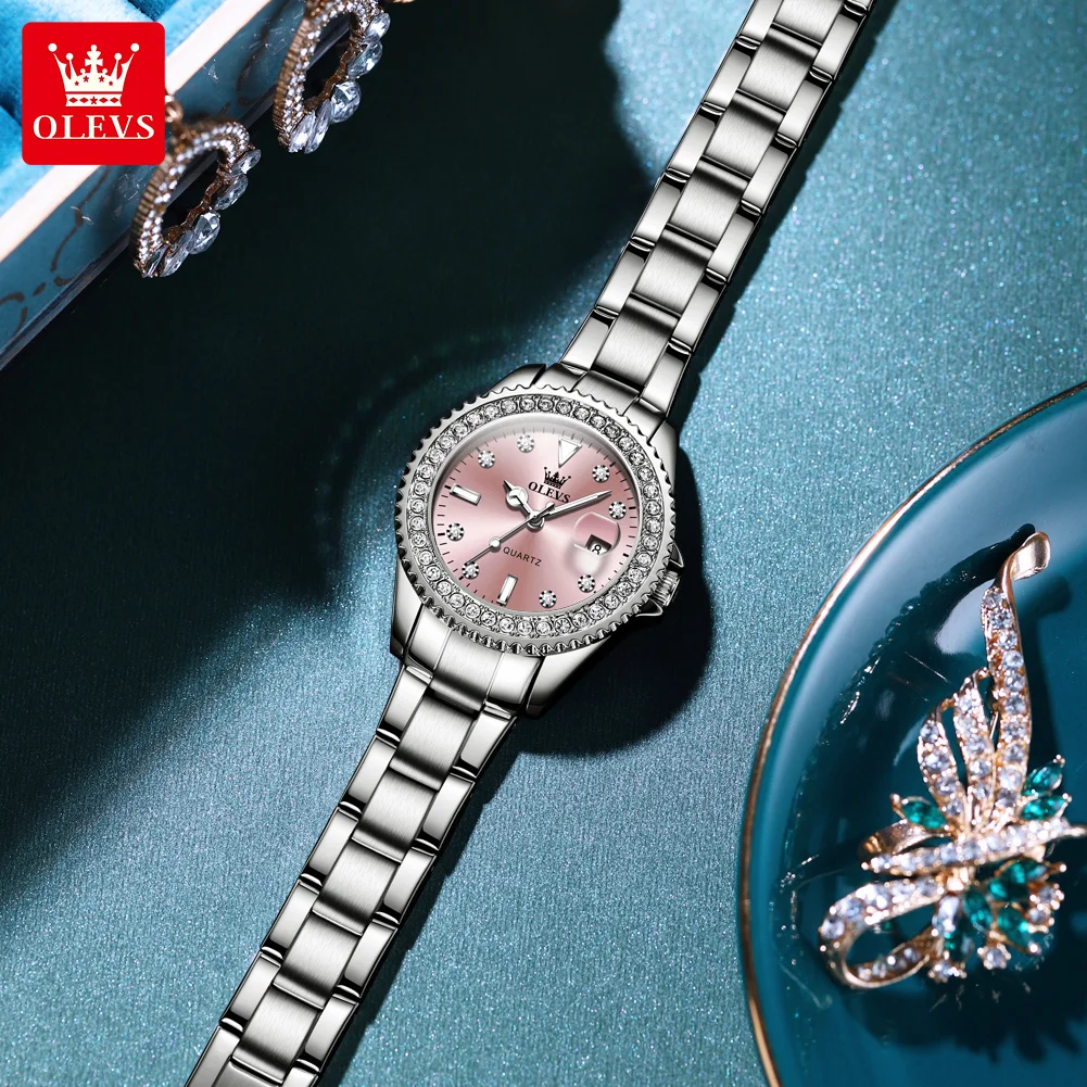 OLEVS 9945 Luxury Women Original Quartz Movement Watch Diamond Scale Stainless Steel Bracelet Luminous Function 30M Waterproof Watch
