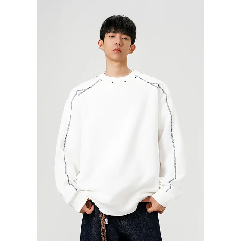 

Huamian High Gram Weight 400g Deconstruction Rivet Large Size Long Sleeve Sweater Men's W5413 Special P35 W5413J Velvet P40