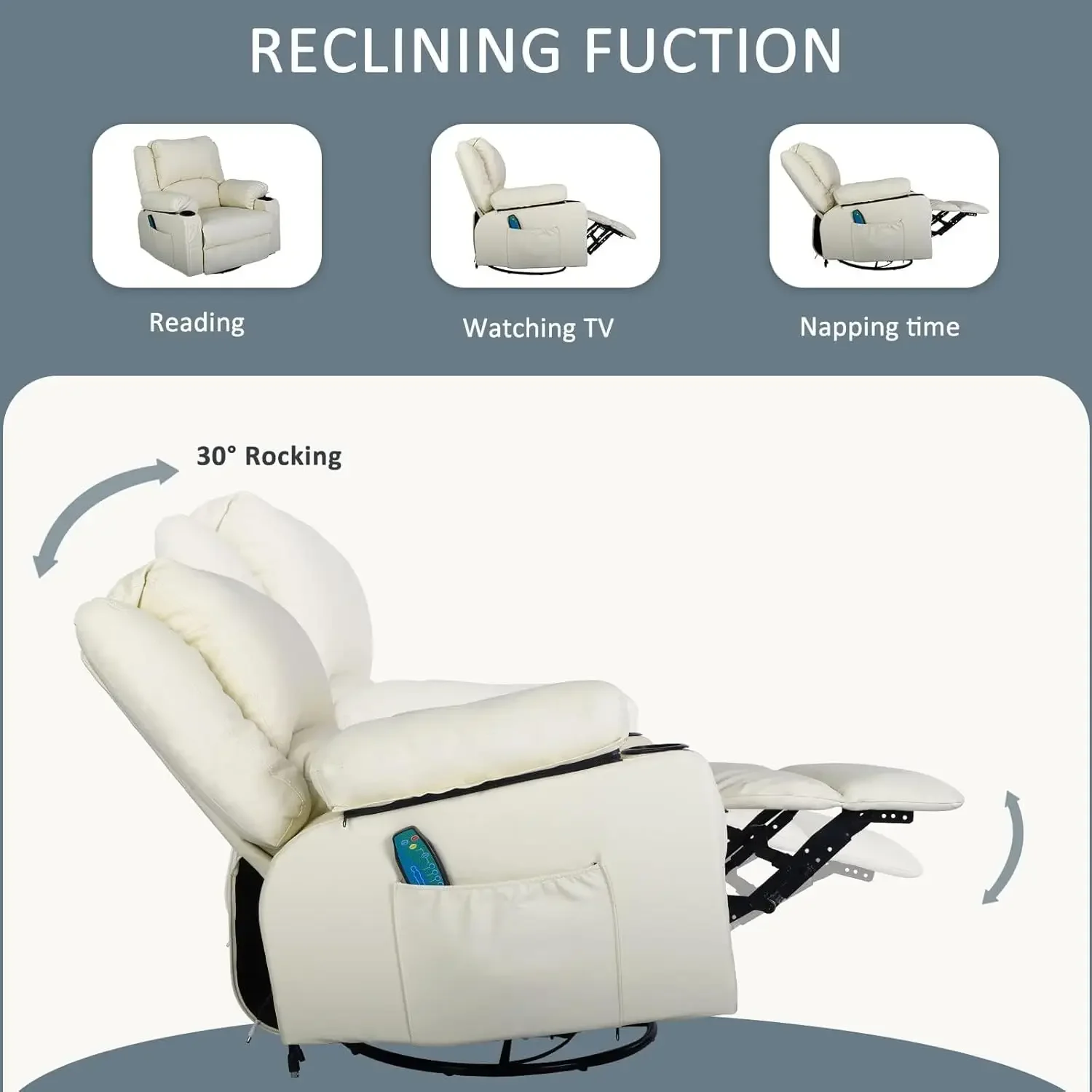 Massage Recliner Chairs for Living Room,Rocker Recliner with Heating Ergonomic Lounge Swivel Reclining Chairs, Beige