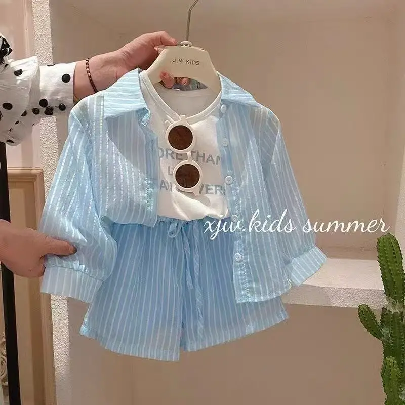 

Summer Girls' Long Sleeved Shirt Set 2025 New style Children's Stylish Striped Thin Sunscreen Shorts Two-piece Set