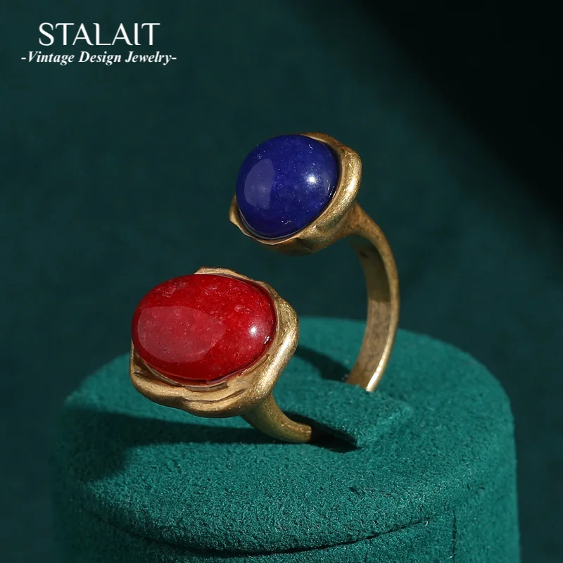 

Vintage Gold Color Blue Ring Stone Natrual Red Agate Oval Accessories For Woman Luxury Quality Jewelry Finger Party 2025
