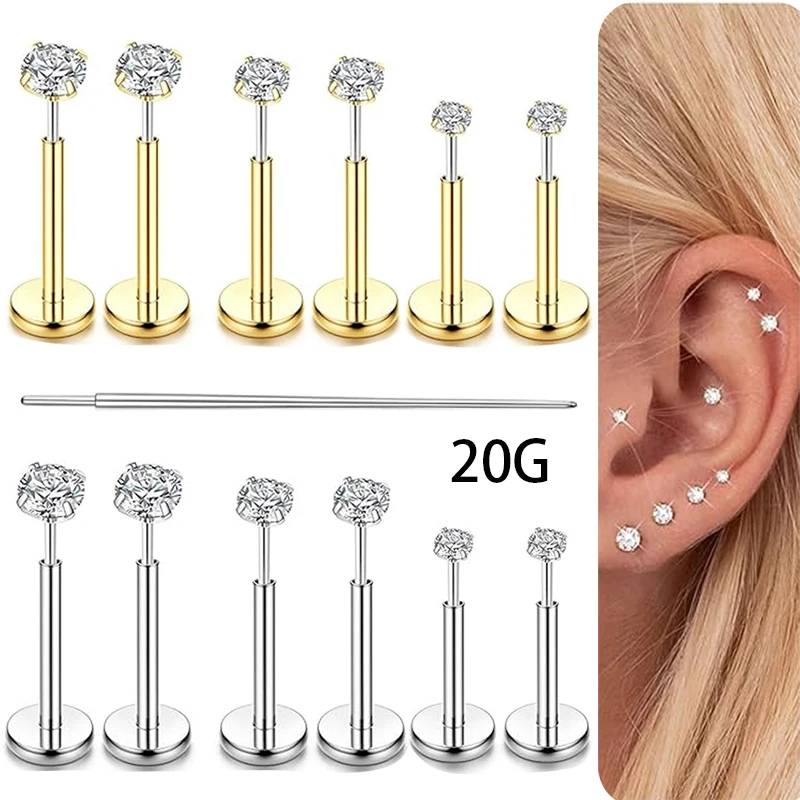

50pcs/lot 316 Stainless Steel Threadless Lip Stud Zircon Nose Stud for Women Men Labret Studs Earrings Piercing Jewelry 20G