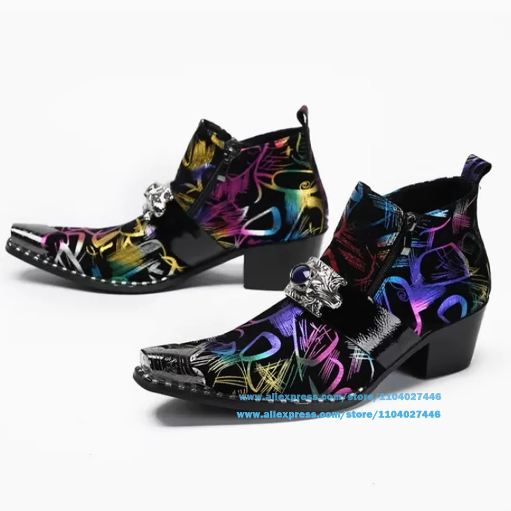 Metal Toe Multi-colors Boots for Men Lace-up Side Zipper Colorful Leather High-top Boots British Luxury Handmade Trend Men Shoes