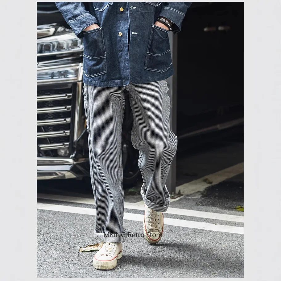 

Non Stock Loose Straight Pants 11W Slub Yarn Jeans HICKORY Striped Overalls