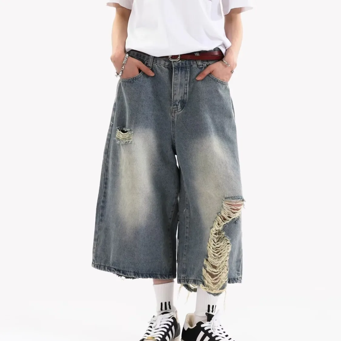 American style fringed and perforated design straight leg jeans for women in summer, new retro style distressed cropped pants