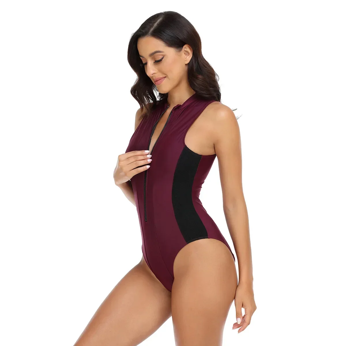 Black Sleeveless Rash guards One-piece Swimsuit Women Rashguard Athletic Zip Front Swimwear Sports Swimming Suit Surf suit wear