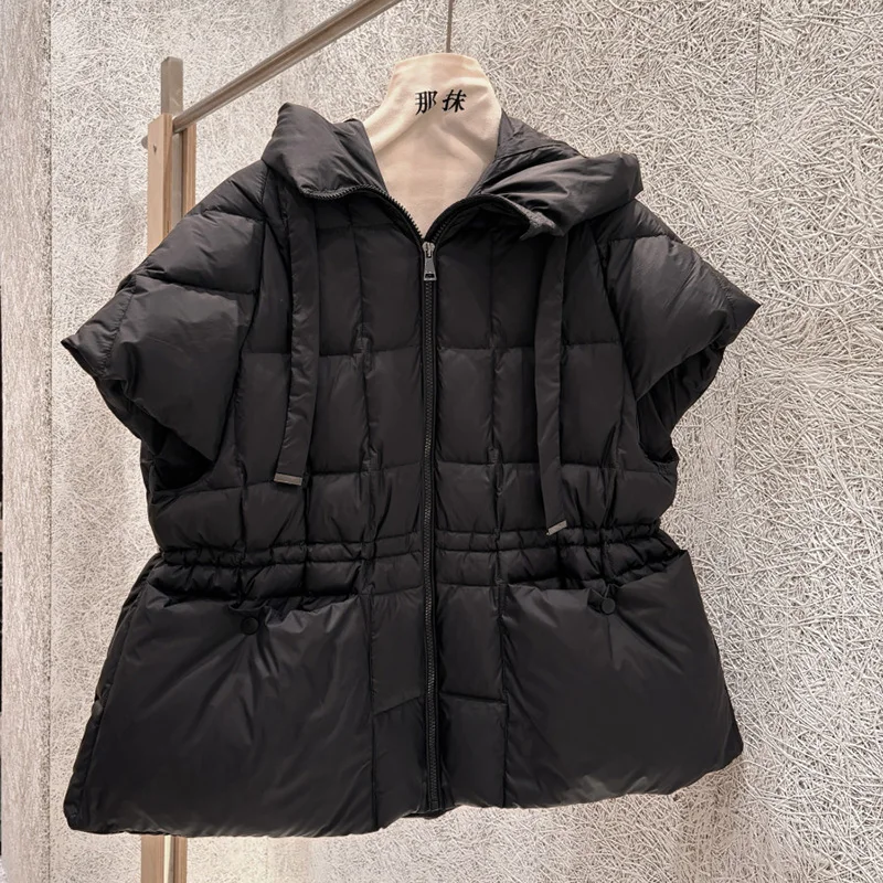Schinteon Women White Duck Down Vest with Hood Office Lady Sleeveless Jacket Solid Color Drawstring Autumn Winter Gielt 2026 New