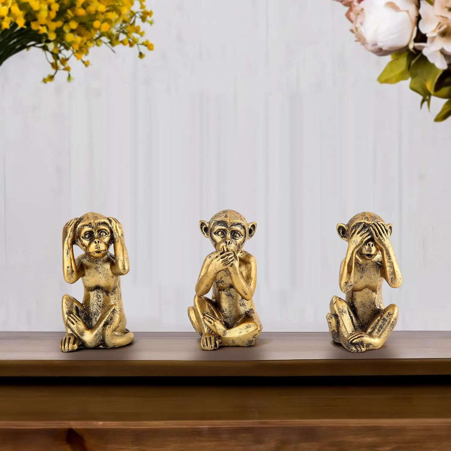 3 Wise Monkeys Statue for Home Decor Accents,Hear no Evil See no Evil Speak no Evil Figurine for Living Room Boho Desk Gold Mode