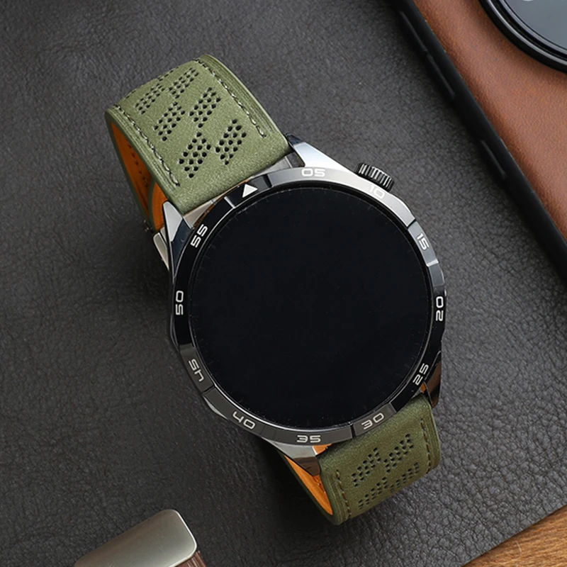 Breathable microporous full-leather Crazy Horse pattern magnetic buckle strap for HUAWEI GT3/4 Samsung WATCH watch strap