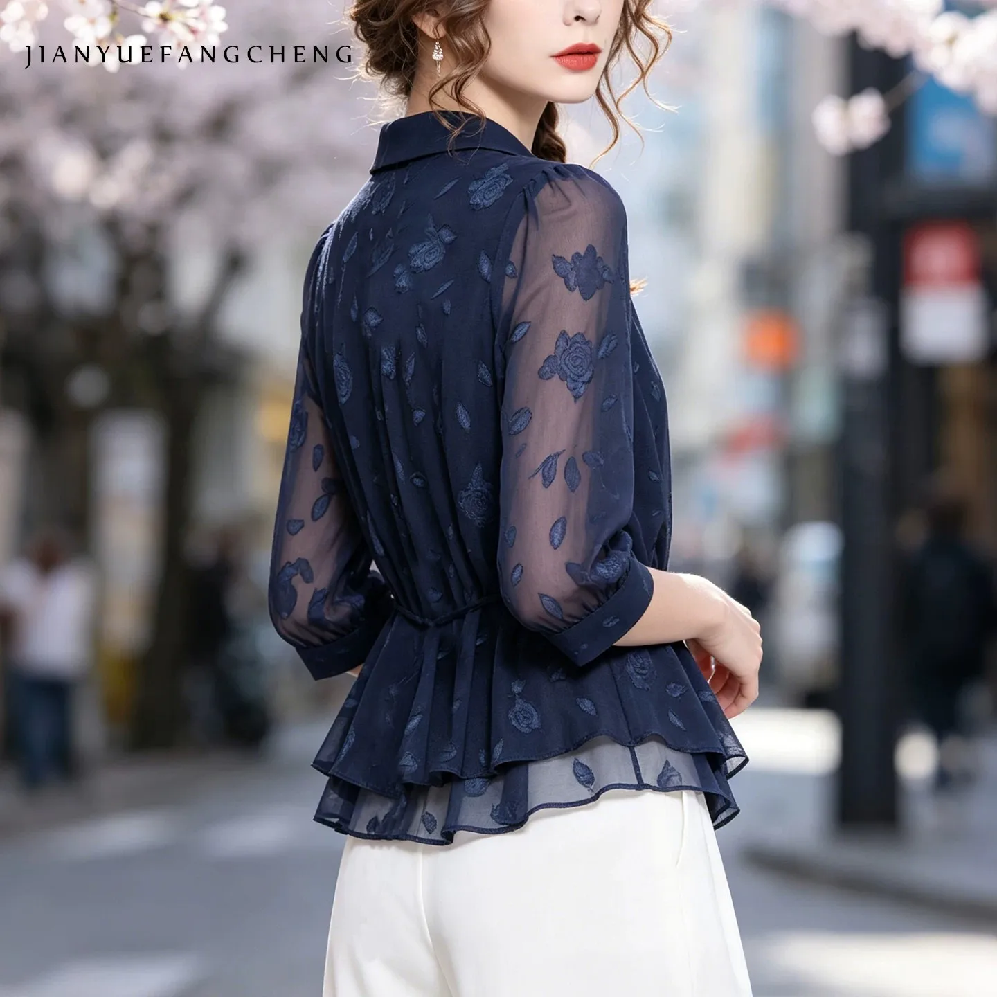 Vintage Embroidery Women' Summer Blue Chiffon Top Long Sleeve Turn-down Collar See through Button-down Shirt With Belt