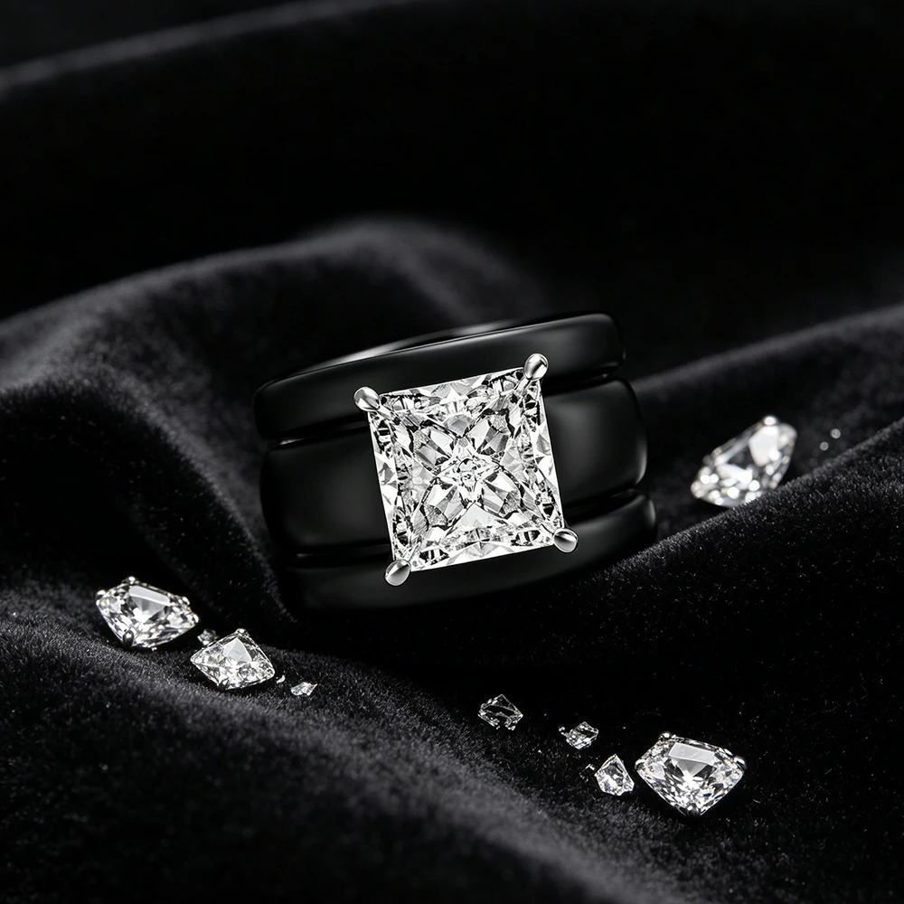 Bague en Zircon Cubique Taille Princesse avec Bande en Céramique Noire à 3 Couches, Bague Statement Moderne Massif Plaqué Argent, Bijou de Promesse Nuptiale