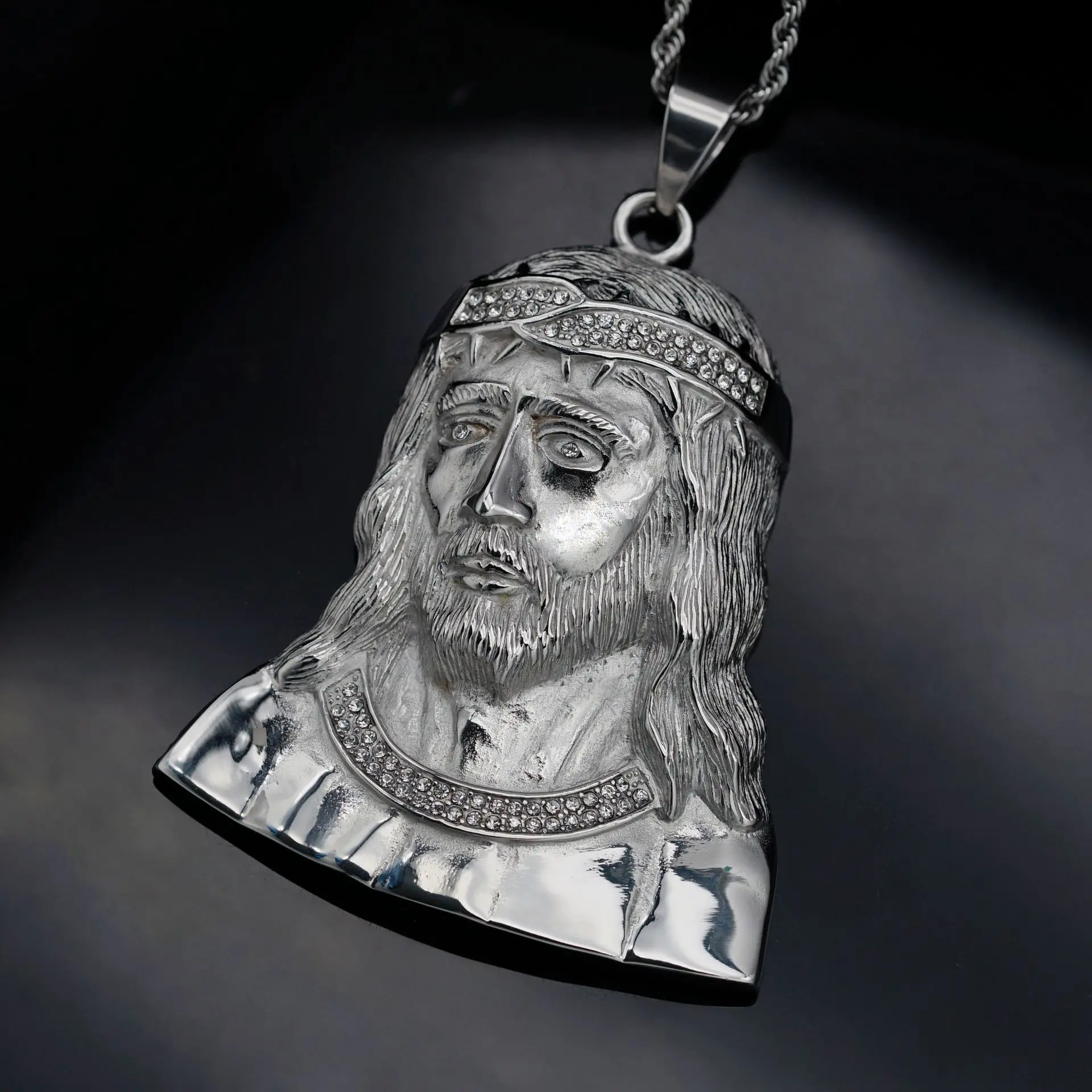 New Hip Hop Iced Out Big Jesus Head Pendant Necklaces Male Gold Color Stainless Steel Christian Necklace For Men Jewelry Gift