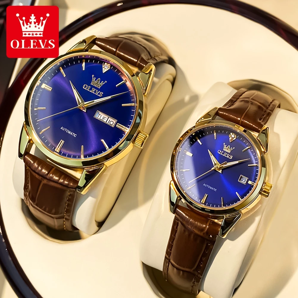 ساعات OLEVS للأزواج بسيطة كاجوال أصلية ميكانيكية أوتوماتيكية لمحبي مقاومة للماء ومضيئة لتاريخ الأسبوع #1
