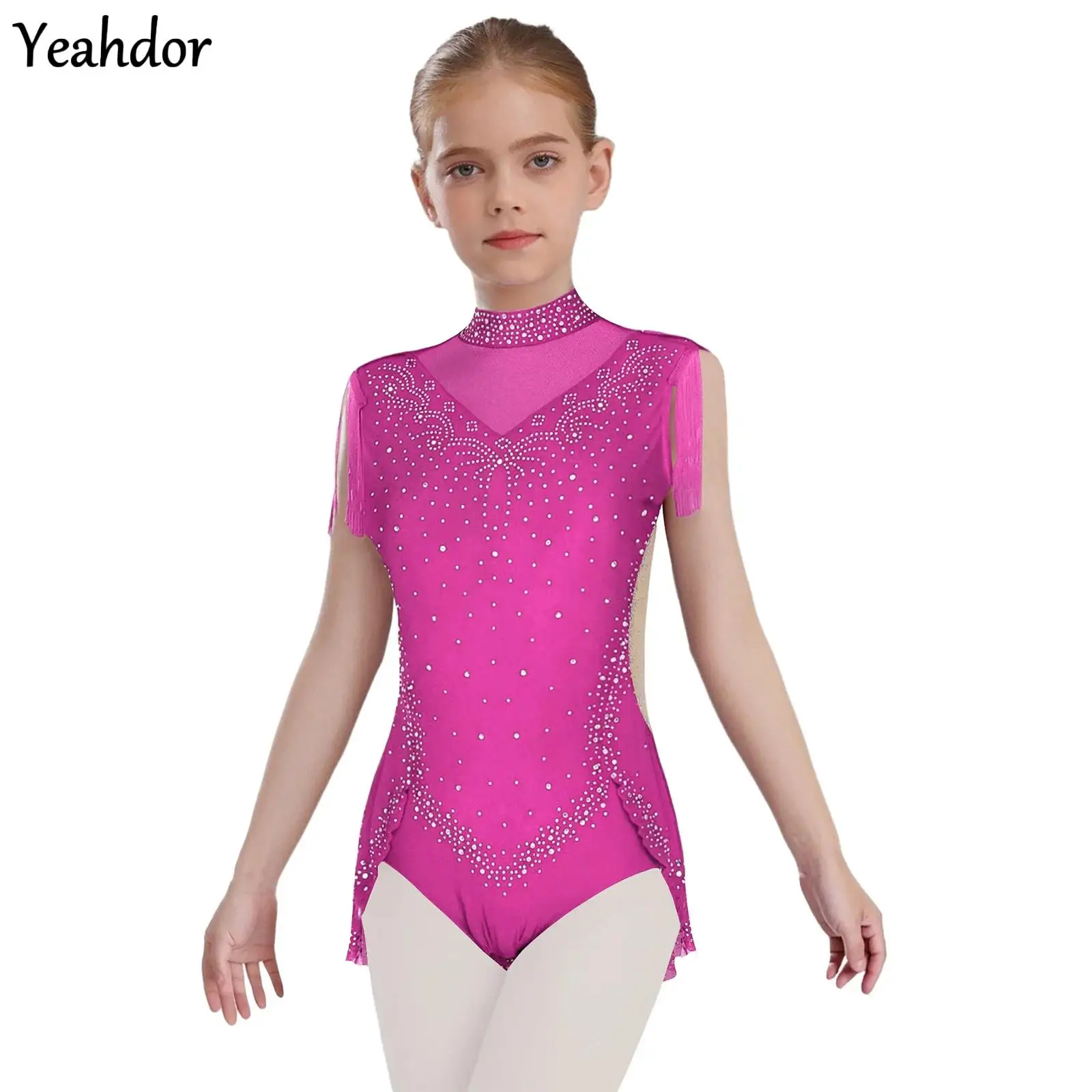 

Girls Gymnastics Ballet Jersey Figure Ice Skating Dance Leotard Costume Sleeveless Rhinestones Tassel Skirted Bodysuit Dancewear