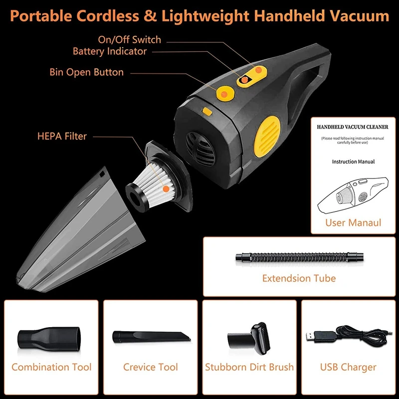 A01V-Portable Cordless Handheld Vacuum Cleaner, 150W High Power, 8000PA Strong Suction, Wet & Dry Use For House, Car