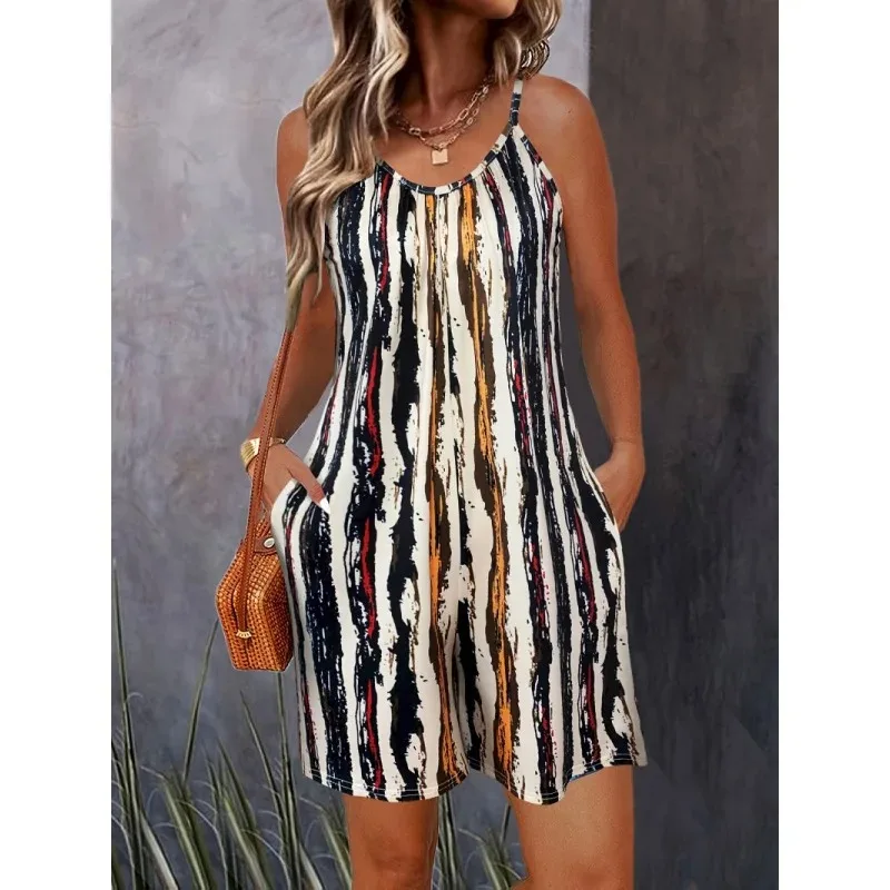 

Women's Summer Printed Jumpsuit, Spaghetti Strap, Ideal Vacation Outfits, Loose Fit Romper, Must - Have Summer Clothes