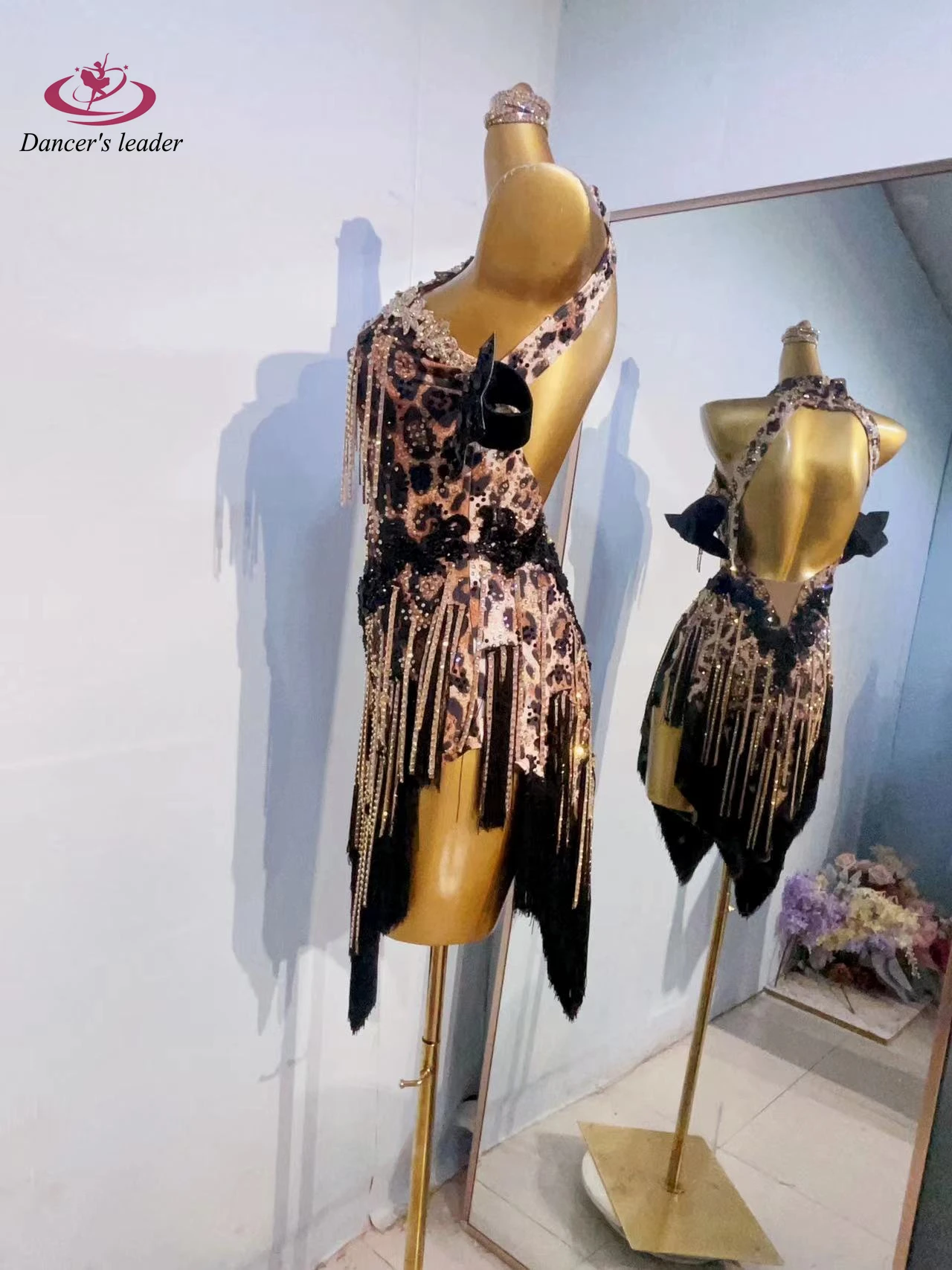 Vestido de dança latina, vestido floral com estampa de leopardo personalizado de alta qualidade, perfeito para roupas profissionais de palco adulto feminino