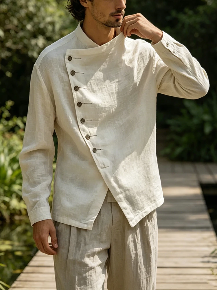 Spring Summer Casual Solid Color Linen Shirt Mens Vintage Irregular Button Wrap Stand Collar Shirts Leisure Men Long Sleeve Tops