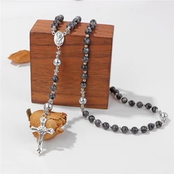 Natural Labradorite Tiger Eye Stone Bracelet Catholic Christ Rosary Cross Pendant Bracelets Men Meditation Prayer Jewelry Gift