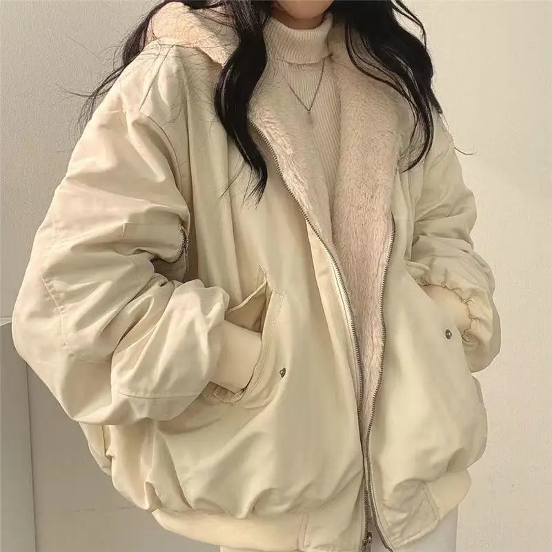 Korean Fashion Teenage Thick Double-Sided Cotton Jacket Winter New Style Student Zipper Jacket Girl Hooded Tops Loose Comfort
