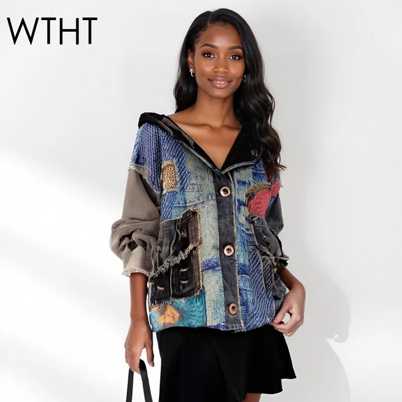 

WTHT 2025 Autumn Fashion Irregular Print Knit Patchwork Denim Hooded Jacket Trendy New Loose Long Sleeves Coat Female 1LS2389