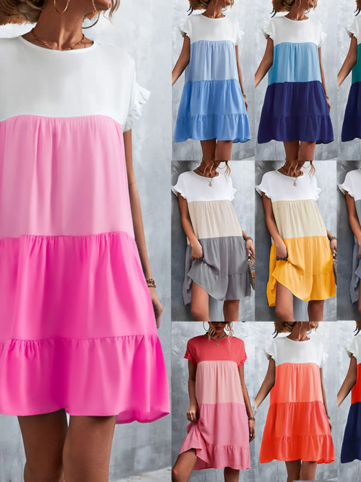 Vestido de Verão com Manga Curta e Cintura Alta em Tecido de Poliéster, Decote Redondo, Saia em Camadas, Estilo Básico, Silhu...