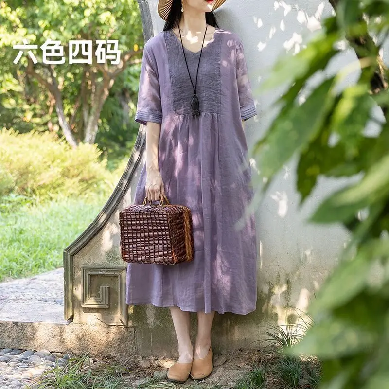 

Pleated Ramie Slimming and Whitening Summer Dress, Literary Cotton Linen Women's Dress