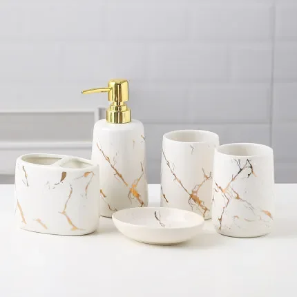 Milky Ceramic Toiletries Bathroom Accessories Set Marble Porcelain Toothbrush Holde Soap Dispenser Tray Home Decoration