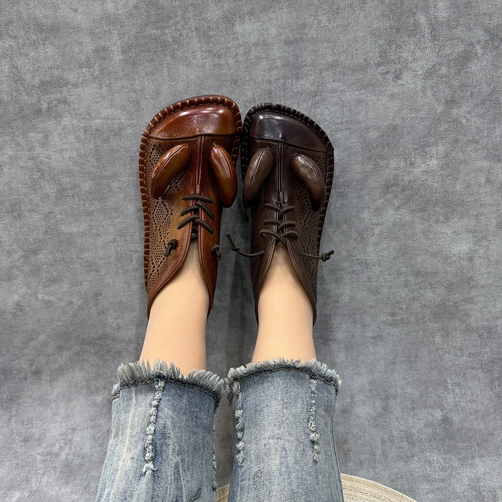 Birkuir Retro Square Toe Hollow Out Ankle Boots Women Genuine Leather ox Horn Flats Lace Up High Top Shoes Luxury Short Boots