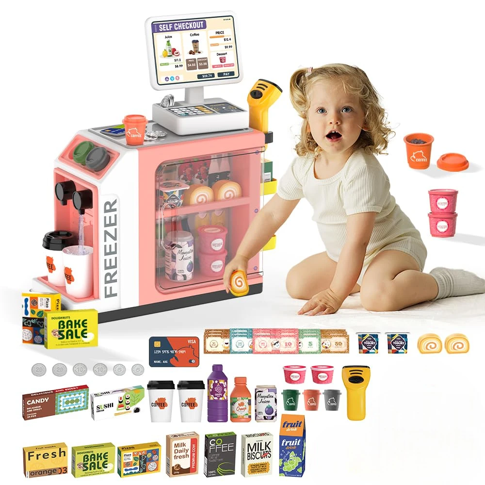 WizKidz - Set da gioco registratore di cassa per bambini con macchina da caffè giocattolo Fai finta di giocare con calcolatrice di denaro Scanner Carta di credito e cibo da gioco