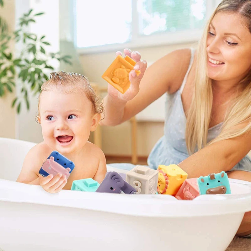 Bloques de construcción de silicona 3D para bebés, mordedor de juguete para bebés de 0 a 12 meses, apilamiento suave, Cubo de bloques de construcción, juguete de baño para apretar