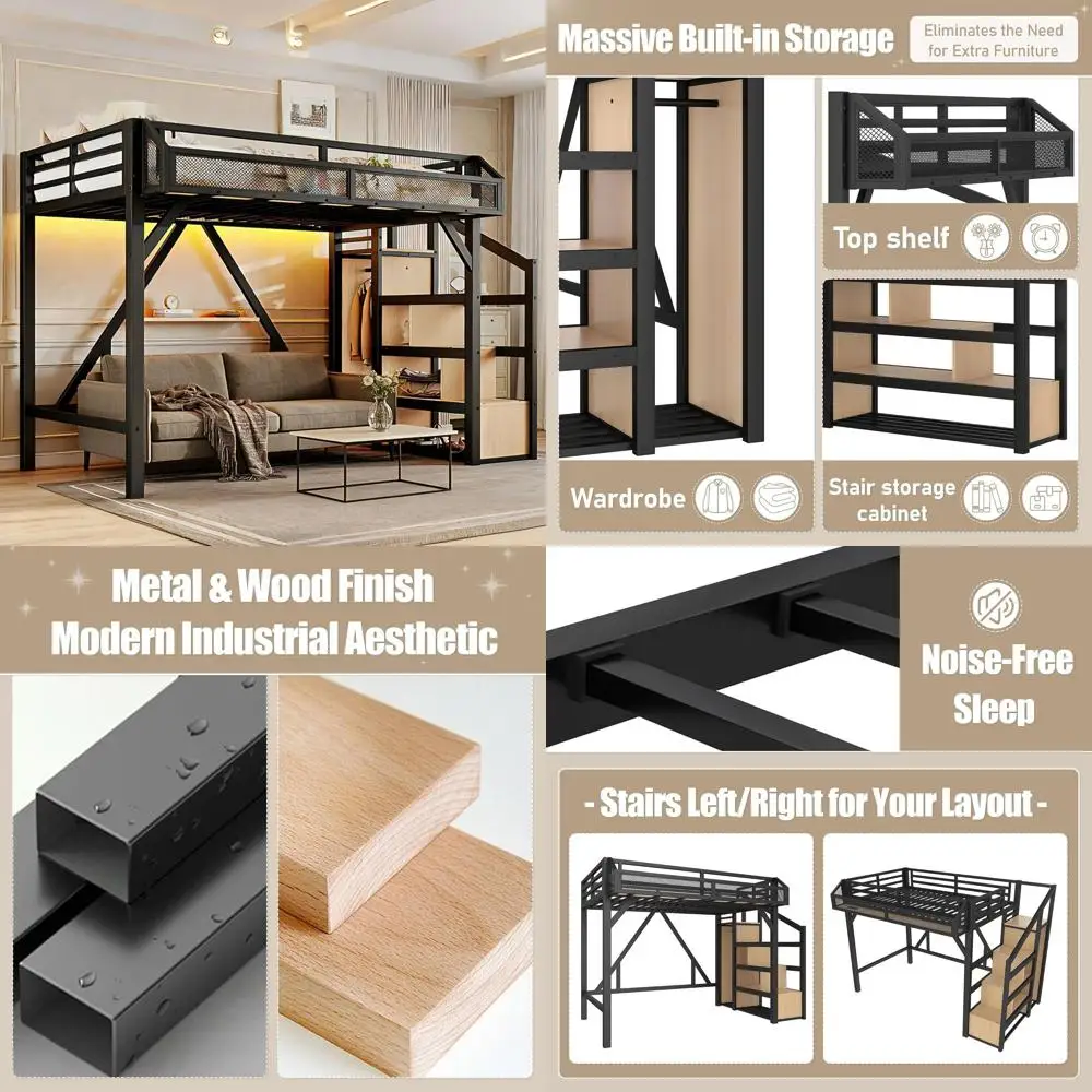 

Twin XL Metal Bed with Storage Steps, Shelves, Wardrobe, USB Ports, LED Lights, Spacious Underbed for Adults, Teens, Kids, Black