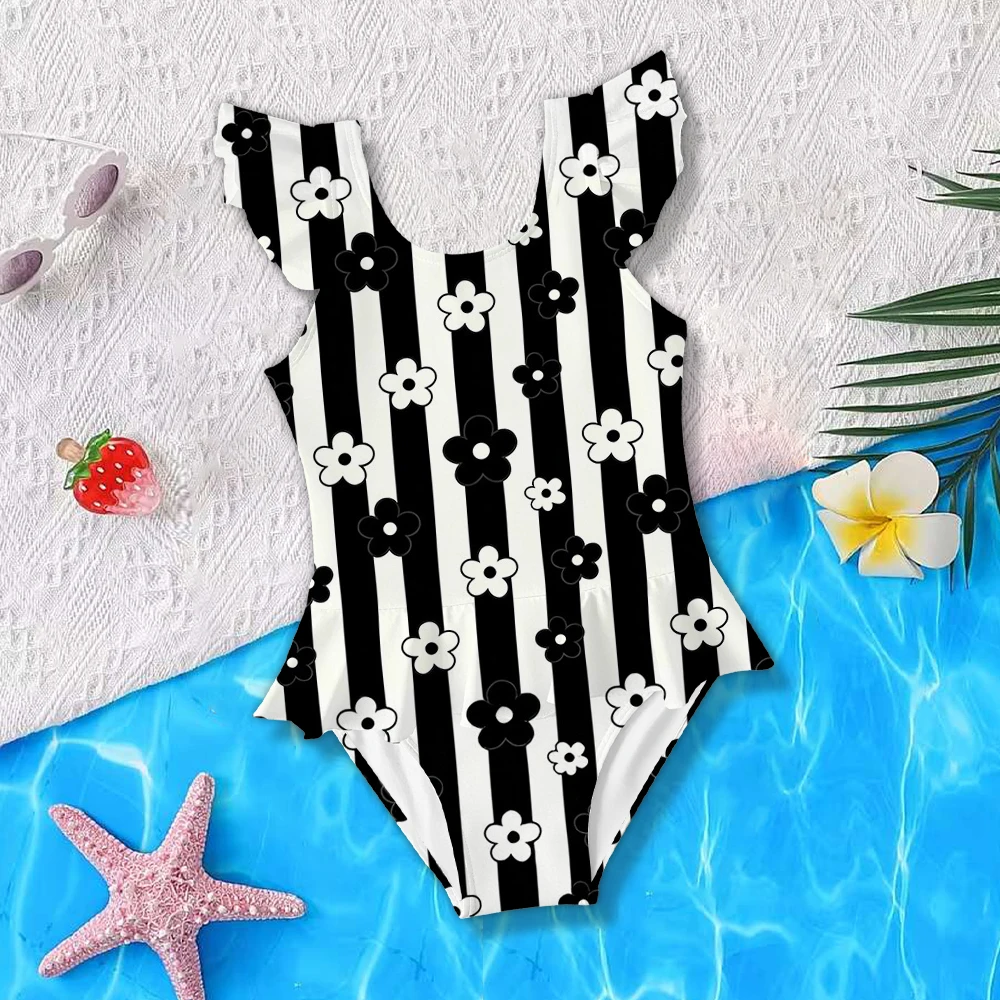 Girls' Summer Style Atmospheric Floral Striped Fashionable Tight One-piece Swimsuit