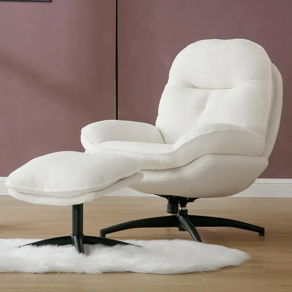 360° Swivel Accent Chair Ottoman Set, Modern Faux Fur Lounge Chair with Footrest & Criss Cross Legs, Living Room Chairs