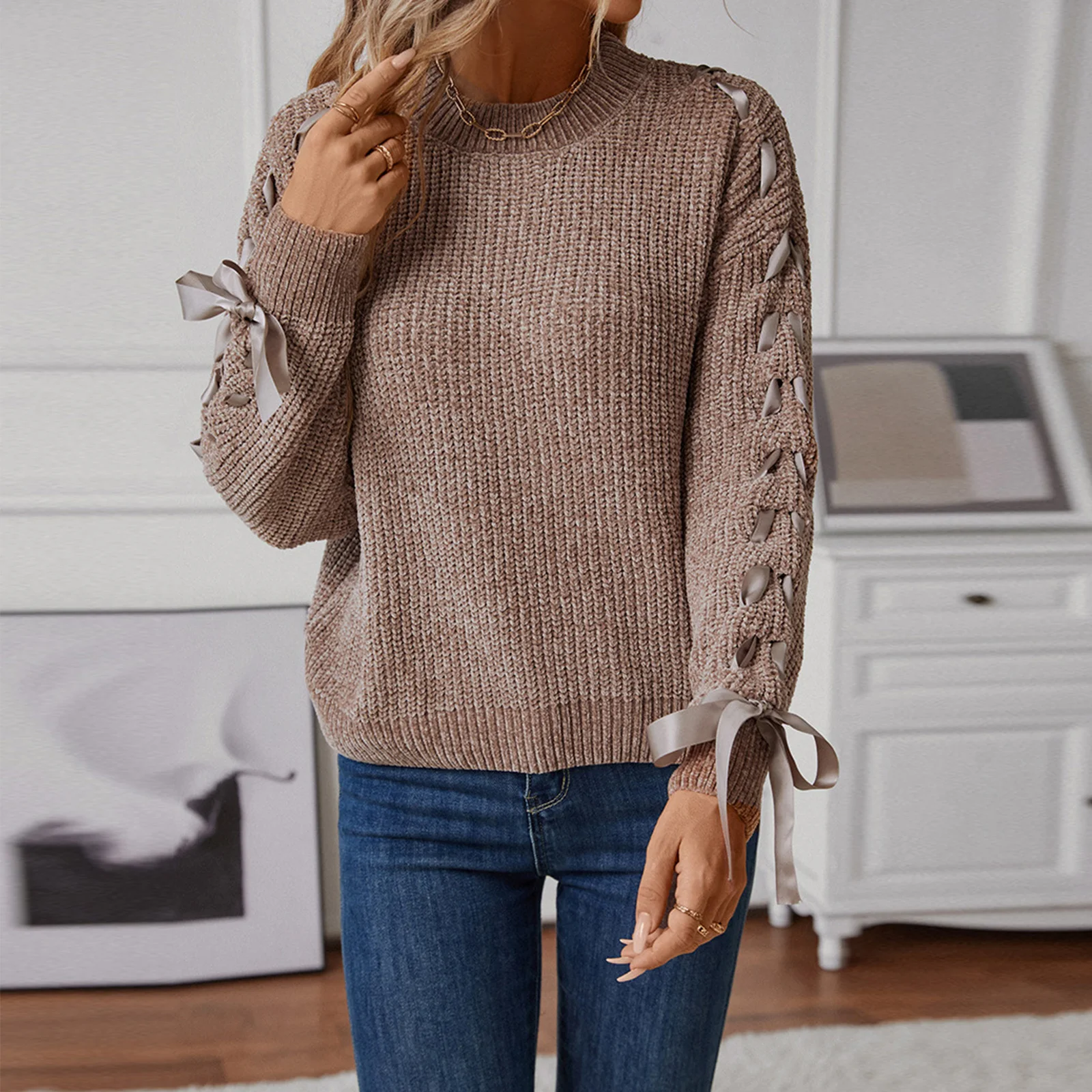 

Women'S Fashion Casual Pullover Loose Bowknot Solid Color Knitted Long Sleeve Sweater Pulls Femmes Woman Clothes Fall Clothes