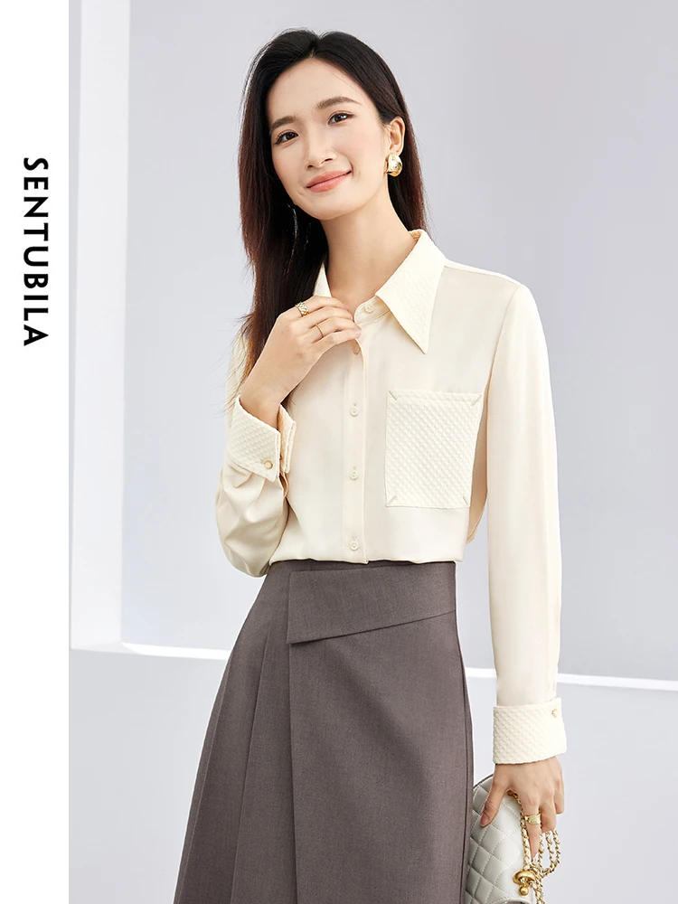 

SENTUBILA Embroidery Spliced Chiffon Shirts Woman 2024 Spring Lapel Button Up Soft Straight Long Sleeve Women's Blouse 141C52647