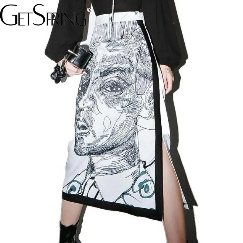 

Getspring Women Skirt Long Split Print Character High Waist Skirts Color Matching Vintage All Macth spring summer Skirts 2021