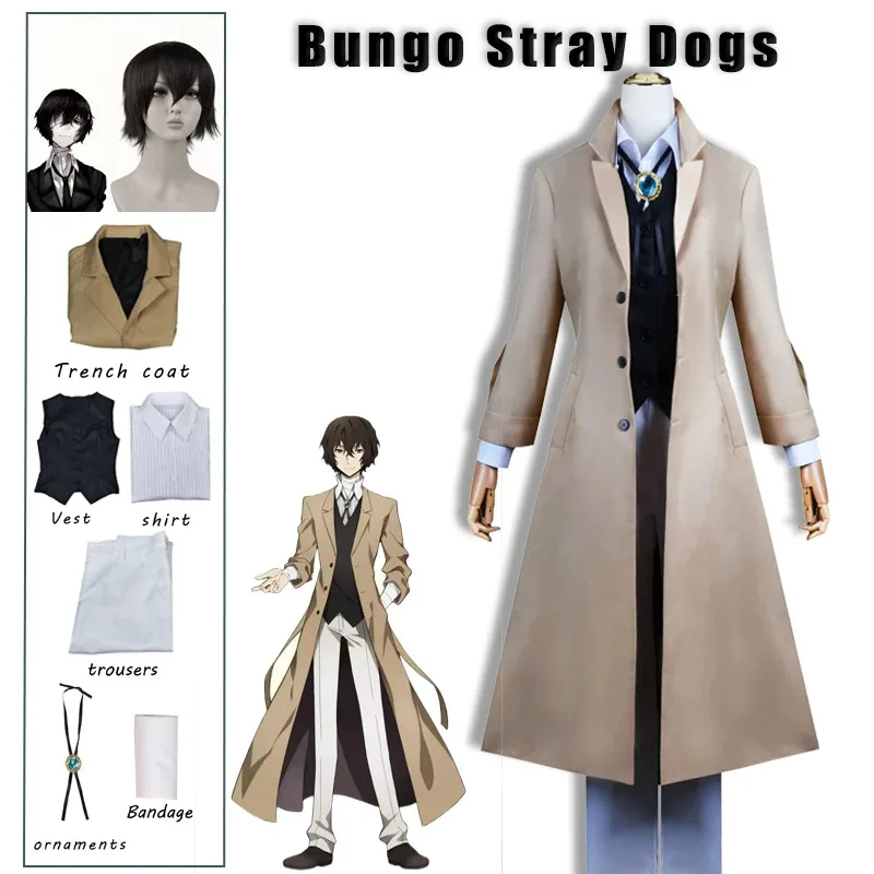 Anime Bungo Stray Dogs Dazai Osamu Costume Cosplay Giacca lunga Cappotto Trench Adesivo Fasciatura Abiti Uniforme Abiti di Halloween