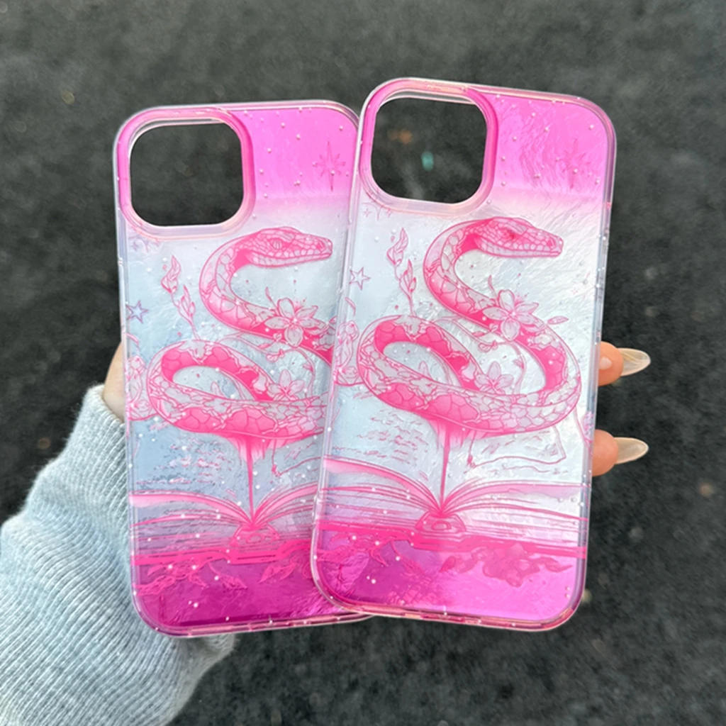 Chinese Style Pink Gradient Flower Snake Iceberg Pattern Shockproof Protective Phone Cover Case for iPhone 16 15 14 13 Pro Max