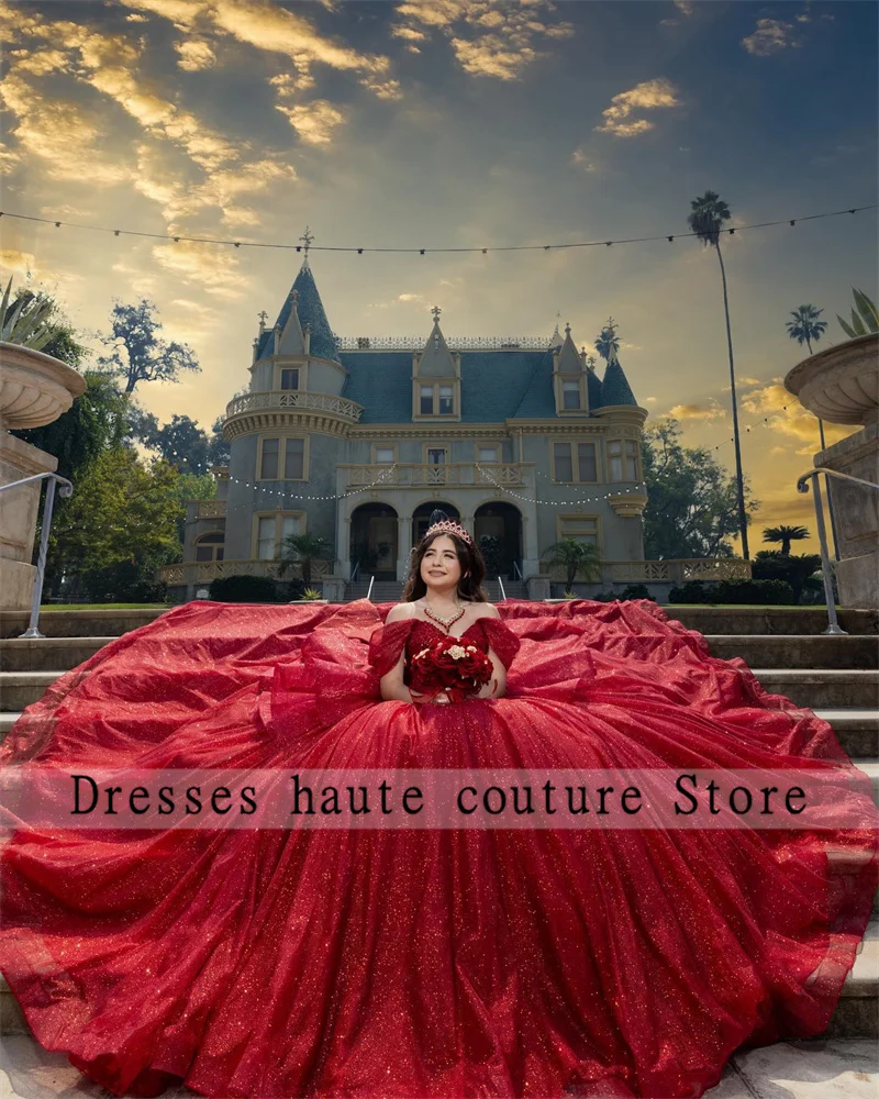 

Red Tulle Off Shoulder Quinceanera Dress 2025 Ruffles Ball Gown With Bow Mexican Birthday Party Dress Sweet 16 Dress Customized