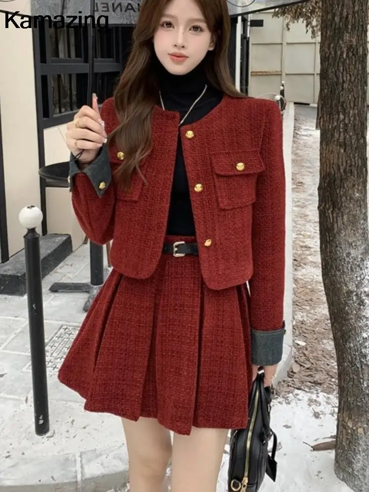 Conjunto de dos piezas de Tweed rojo para mujer, Chaqueta corta, abrigo, minifalda plisada, moda coreana, trajes femeninos elegantes, otoño e invierno, nuevo