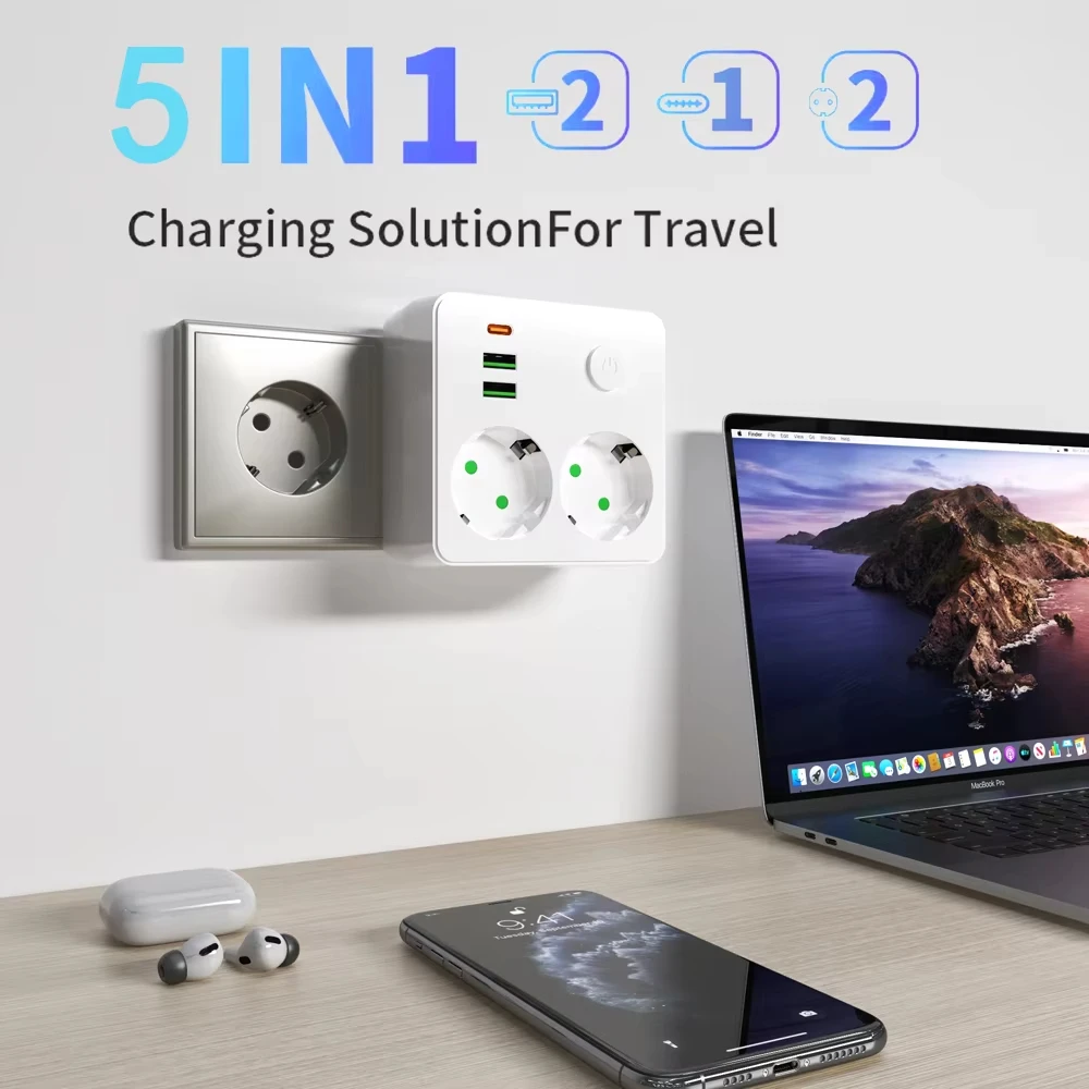 EU Plug Outlet 2 Sockets Multitap Wall Power Strip Electrical Socket No Extension Cord with 2 USB 1 Type-C Ports 2500W MAX Power